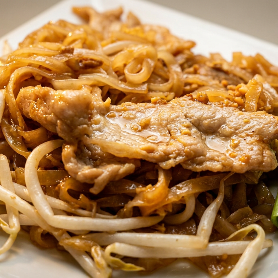 Close-up of a plate of Pad See Ew with wide noodles, sliced pork, bean sprouts, and green onions.
